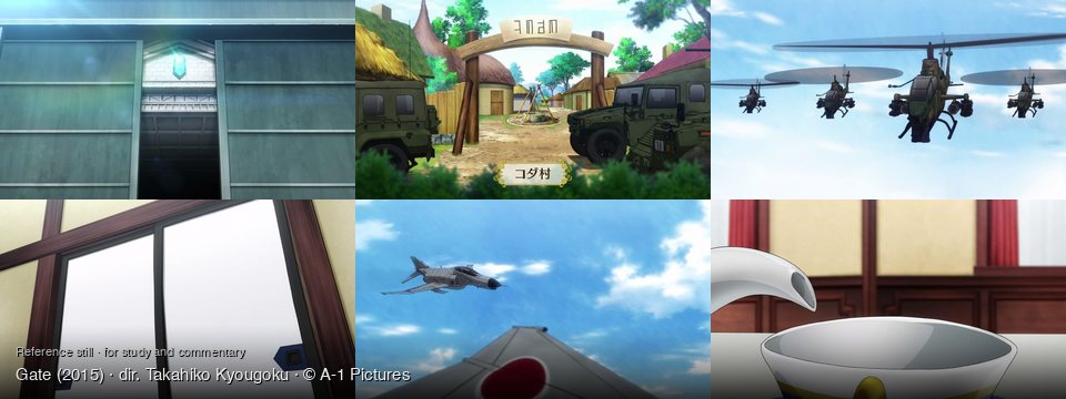 Gate background art — Outside a large building; A rural village entrance; In the sky; Inside a traditional Japanese room; Blue sky with white clouds; Indoors, on a table
