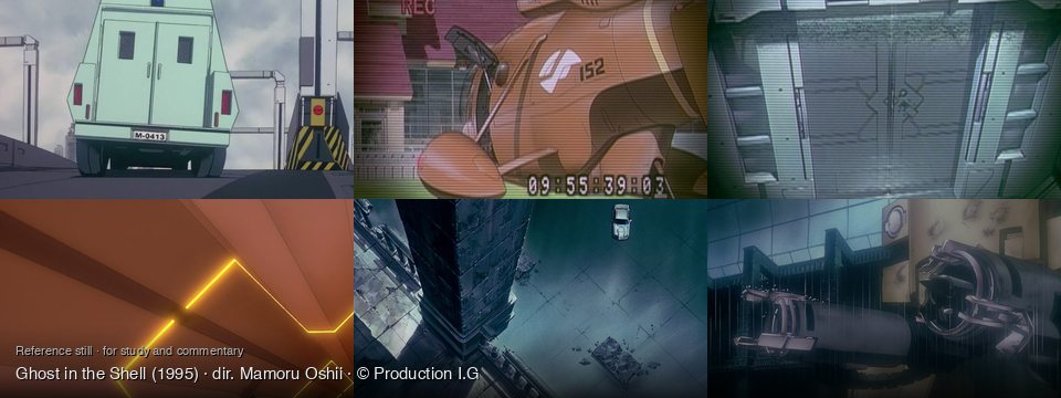 Ghost in the Shell background art — On a bridge, cloudy day; Outdoors, daytime, suburban area; Inside a futuristic facility; Inside a futuristic corridor; Wet, tiled urban area; Dark, rainy industrial interior