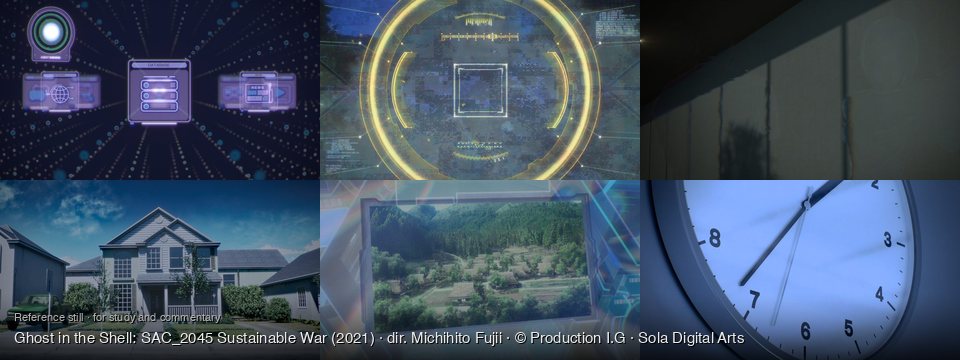 Ghost in the Shell: SAC_2045 Sustainable War background art — futuristic digital interface; a futuristic digital interface; A dark room; Suburban street, daytime; A traditional village in mountains; On a plain wall