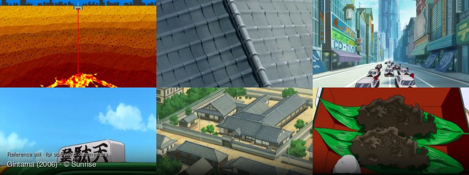 Gintama background art — Underground, beneath a city; On a tiled roof; A bustling city street; Under a clear blue sky; A traditional Japanese village; Inside a bento box