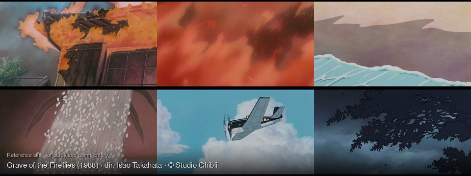 Grave of the Fireflies background art — A burning building; Abstract fiery landscape; A sandy beach with waves; Indoors, kitchen or pantry; In the sky, among clouds; Outdoors, during a rainstorm