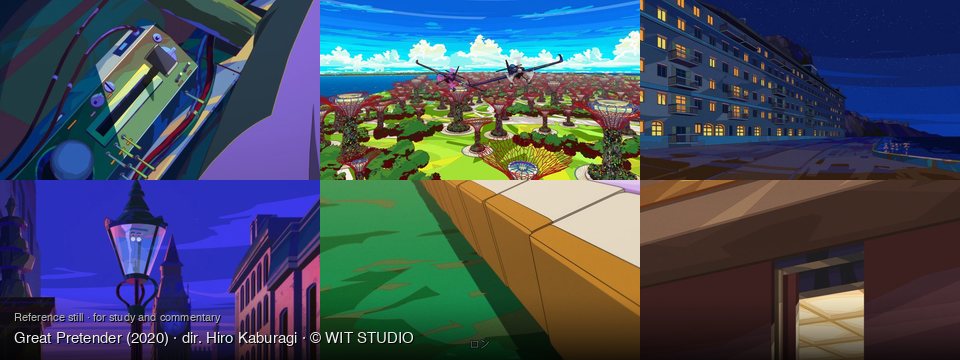 Great Pretender background art — Inside a complex machine; futuristic garden, waterfront; Coastal town at night; London street at twilight; Outdoors, by a low wall; Indoors, dark, geometric architecture