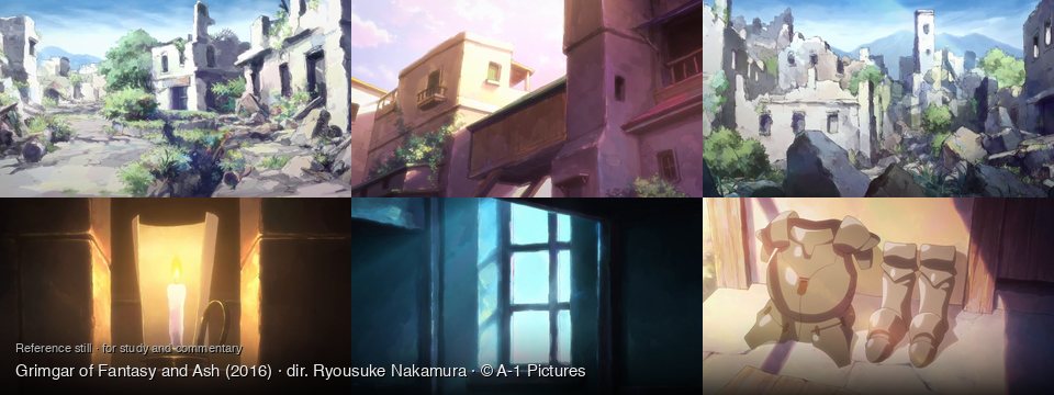 Grimgar of Fantasy and Ash background art — A ruined town or village; A sunlit town street; A ruined city with mountains; Inside a dark stone chamber; A dimly lit room; Inside a rustic building