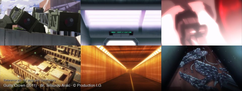Guilty Crown background art — On a concrete wall; A futuristic room; Inside a dark, glowing chamber; A city block at sunset; Inside a brightly lit tunnel; On a wooden floor