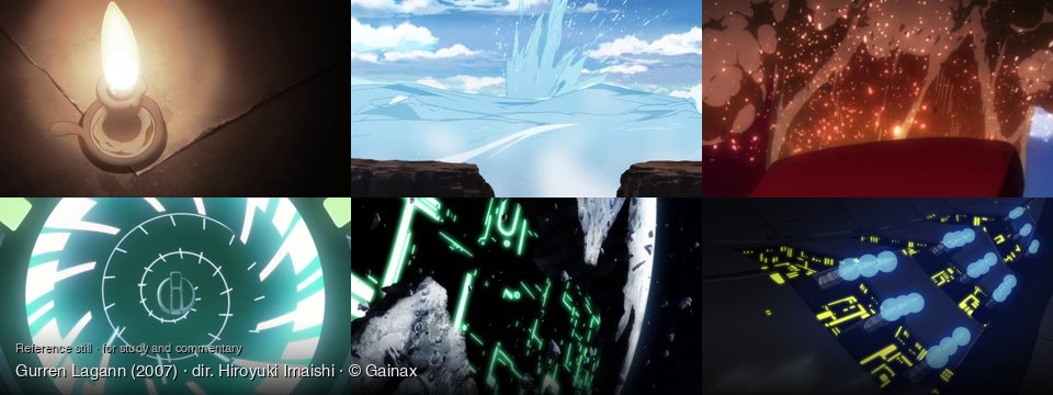 Gurren Lagann background art — A dark, textured room; Over a vast body of water; Amidst a fiery explosion; Inside a futuristic control panel; Deep space near a planet; Outer space, dark night
