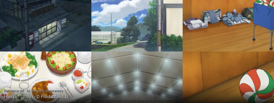 Haikyu!! background art — Outside a Japanese shop; Rural road with greenhouses; Indoor sports court; A dining table indoors; Inside a large building; On a wooden floor