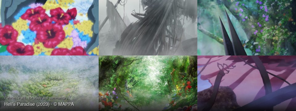 Hell’s Paradise background art — Close-up on flowers; A foggy, ruined landscape; A vibrant, mystical forest; Misty valley with wildflowers; A magical, overgrown forest; a mystical, overgrown landscape