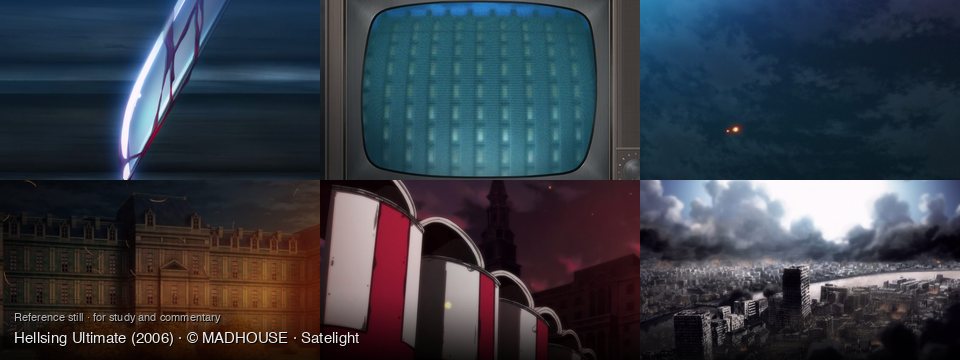 Hellsing Ultimate background art — A dark, ominous room; On an old television; dark night sky; Outside a grand building at dusk; train station at night; a destroyed city by a river