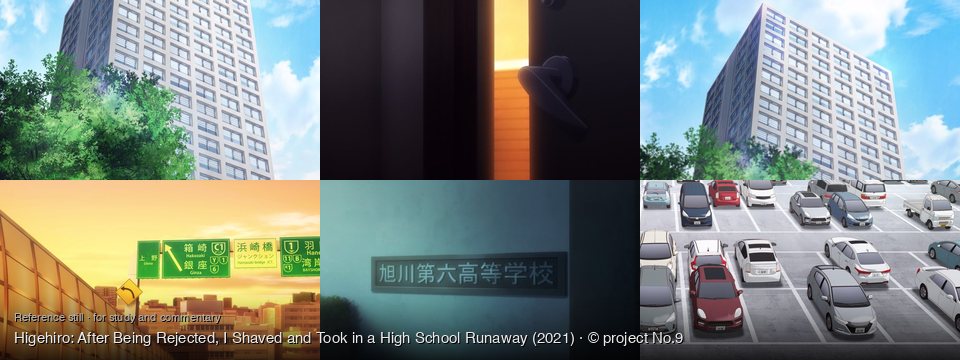 Higehiro: After Being Rejected, I Shaved and Took in a High School Runaway background art — Urban area, clear day; A dark room, ajar door; Urban area, daytime; Urban highway at sunset; a school building exterior; A large outdoor parking lot