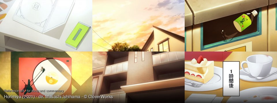 Horimiya background art — On a light-colored desk; Suburban neighborhood at sunset; Inside a vending machine; on a golden surface; Modern building exterior; A cafe table