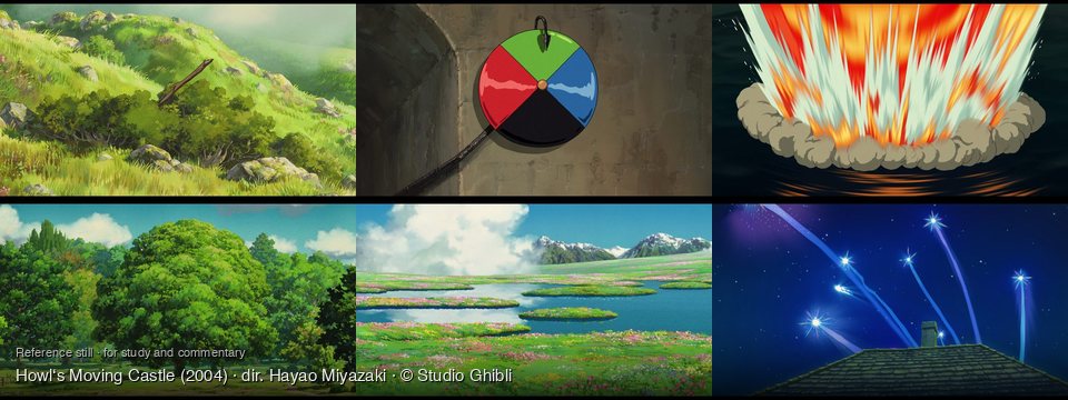 Howl‘s Moving Castle background art — A verdant, rocky hillside; Inside a grimy, industrial building; Dark, watery surface; A vibrant green forest; A field of wildflowers; night sky above a rooftop