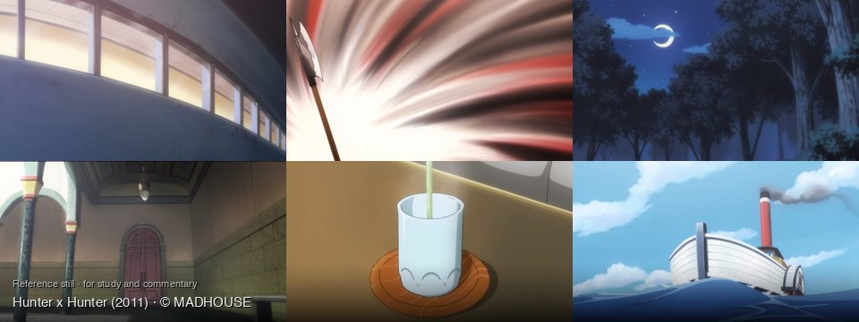 Hunter x Hunter background art — Inside a modern building; A bright, dynamic background; A dark forest at night; A long hallway; On a wooden table; On the open sea