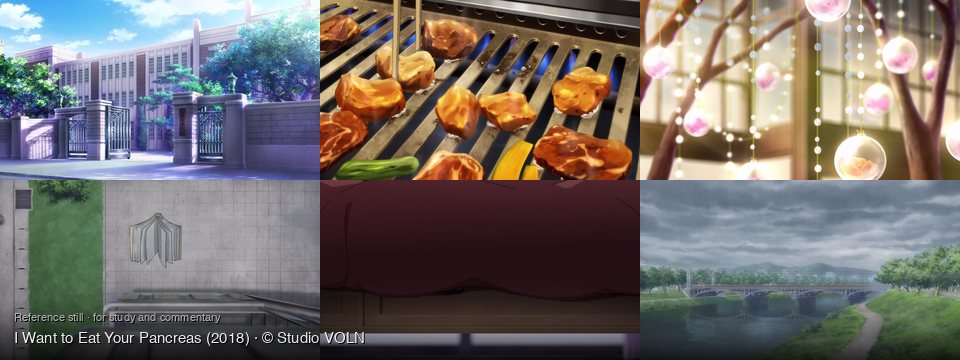 I Want to Eat Your Pancreas background art — A school campus entrance; On a barbecue grill; Outdoor garden or event space; Outdoor tiled ground with grass; A bedroom at night; A river with a bridge