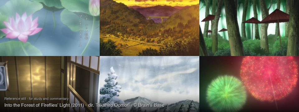 Into the Forest of Fireflies' Light background art — A tranquil pond with lotus flowers; Rural valley at sunset; A misty, green forest; Indoors, golden-paneled room; Snowy mountain landscape; Night sky