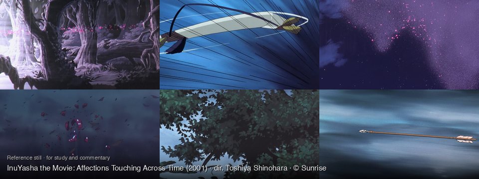 InuYasha the Movie: Affections Touching Across Time background art — A dark, enchanted forest; Blue sky with streaks; A vast, starry night sky; Underwater or dark void; Under a leafy tree; In a cloudy sky