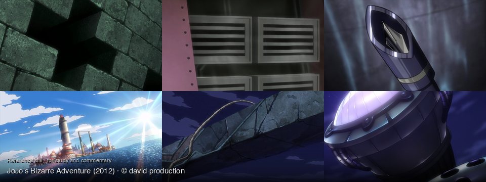 JoJo's Bizarre Adventure background art — a dark stone wall; Inside a futuristic room; A dark, reflective surface; A city on the water; night, outdoors, stone structure; Futuristic structure against night sky