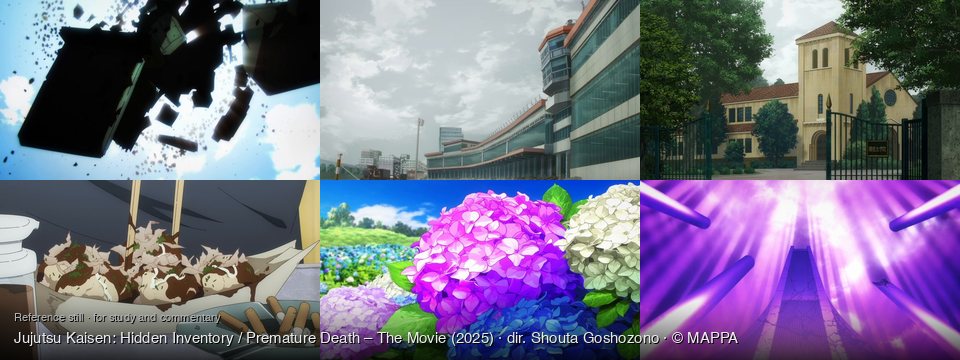 Jujutsu Kaisen: Hidden Inventory / Premature Death – The Movie background art — Bright blue sky; An urban landscape; Outside a grand building; On a table; A field of hydrangeas; A futuristic, purple-lit realm