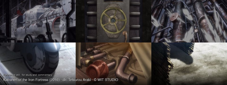 Kabaneri of the Iron Fortress background art — Inside a dark industrial hangar; Inside a secure vault; Inside a grimy industrial facility; on a paved surface; On a wooden surface; rocky cliff, textured ground