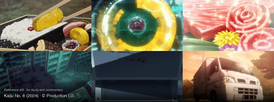 Kaiju No. 8 background art — Inside a bento box; futuristic digital interface; On a dark surface; Underwater city ruins; Indoors, dark, industrial; Outdoor field at sunset