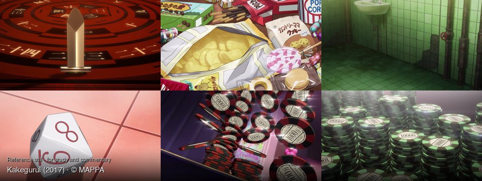 Kakegurui background art — On a red circular platform; On a table; a grimy tiled room; On a pink tiled surface; Inside a casino; A dimly lit casino table