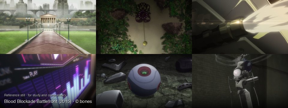Blood Blockade Battlefront background art — A grand city park; Indoors, on a wall; Close-up of missile launch; A futuristic music interface; on a dark, cracked ground; Dark, industrial interior