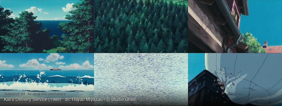 Kiki's Delivery Service background art — Forest overlooking the ocean; A vast, dark forest; Urban building exterior; on a vast blue ocean; Abstract pattern on light blue; Against a clear blue sky