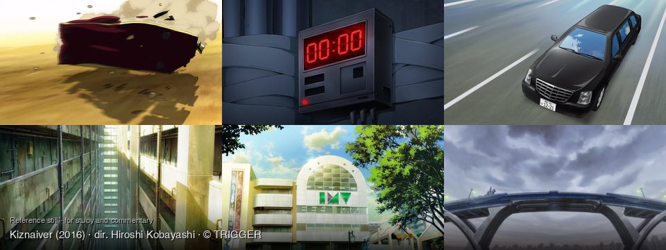 Kiznaiver background art — Desert, daytime; Inside a dark, industrial area; On a highway; a tall, narrow building; Urban street, daytime; futuristic city, cloudy day