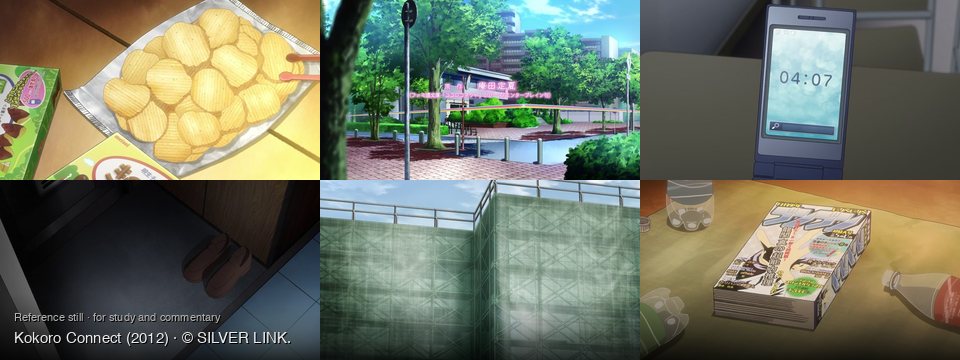 Kokoro Connect background art — on a wooden surface; A school campus outdoors; on a light brown surface; Inside a dimly lit room; construction site, daytime; on a light brown surface