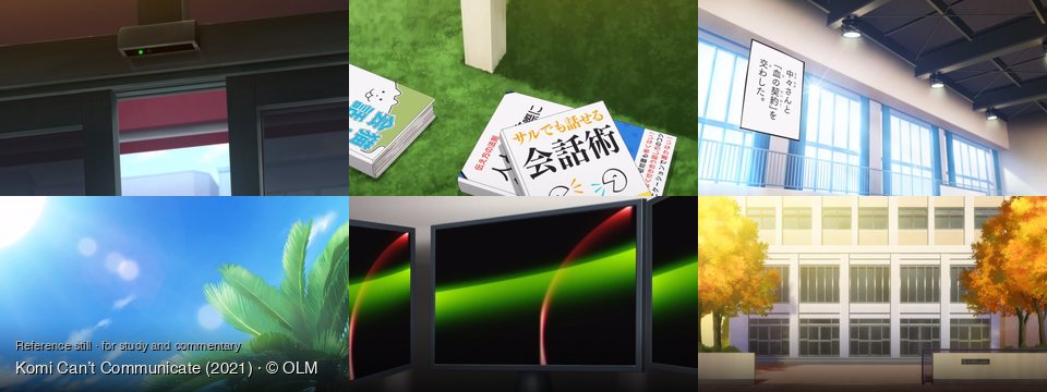 Komi Can’t Communicate background art — above a glass door; Outdoors on a green lawn; Indoors, bright room with windows; Tropical outdoor scene; A room with multiple monitors; Outside a school building
