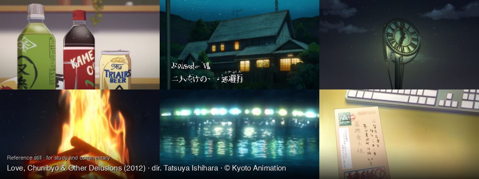 Love, Chunibyo & Other Delusions background art — On a table indoors; Rural house at night; Under a starry night sky; Under a starry night sky; on the water at night; on a desk
