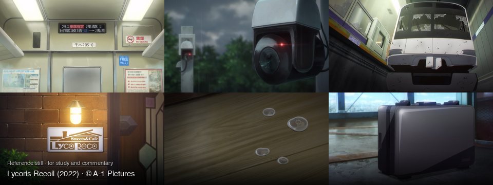 Lycoris Recoil background art — Inside a train car; Outdoor, cloudy day; Underground train station; Outside a cafe at night; On a wooden floor; on a concrete floor