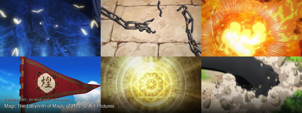 Magi: The Labyrinth of Magic background art — A dark, mysterious environment; On a stone floor; Amidst a fiery blast; Outdoors, under a blue sky; A mystical, glowing space; An outdoor, rocky area