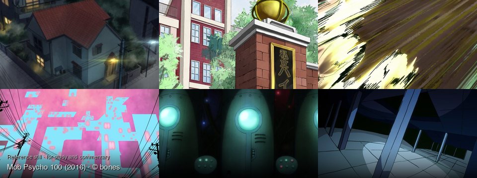 Mob Psycho 100 background art — Suburban street at night; Outside a school building; Abstract background; An abstract, urban landscape; A dark, industrial room; A dark, empty room
