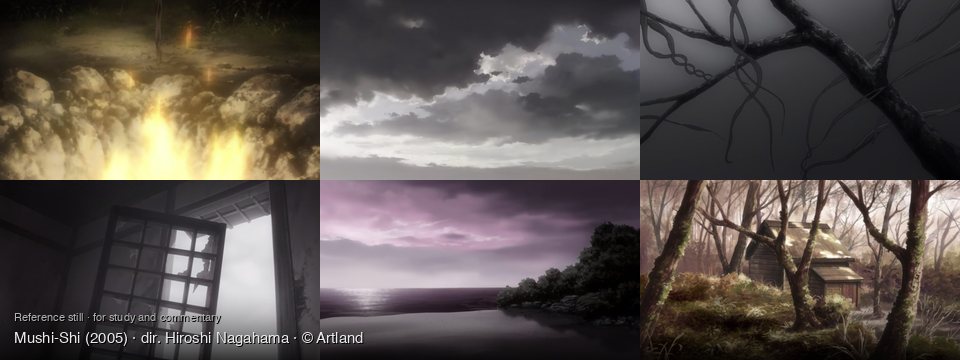 Mushi-Shi background art — A dark, misty outdoor area; Overcast sky; A dark, desolate environment; Inside a ruined building; A tranquil beach at dusk; Misty forest with a cabin