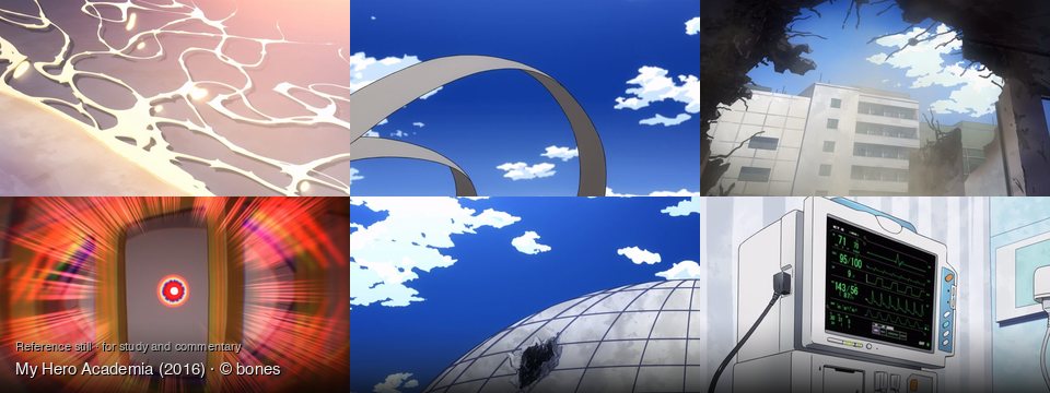 My Hero Academia background art — On the surface of water; Outdoors, under a blue sky; a destroyed urban environment; Inside a glowing rectangular frame; Outdoor, under a blue sky; Inside a hospital room