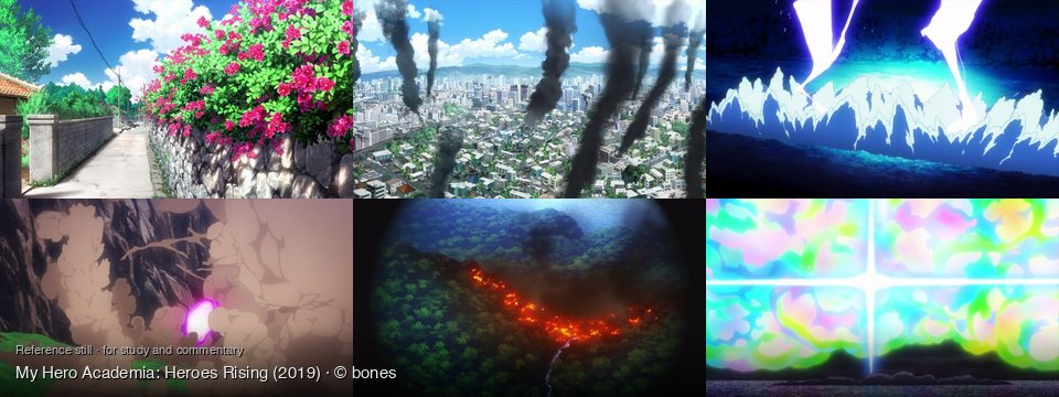My Hero Academia: Heroes Rising background art — A sunny street in a village; A city under attack; A dark, open field; A rocky, grassy landscape; Forest, daytime; Over a dark landscape and water