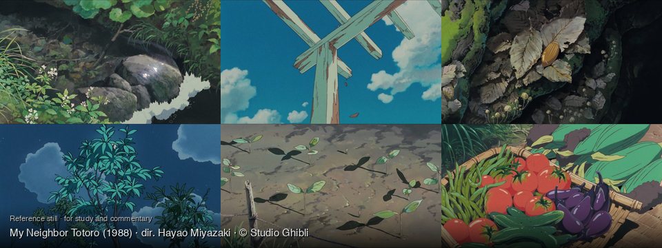 My Neighbor Totoro background art — A verdant forest stream; Outdoors, under a clear sky; A forest floor; Nighttime outdoors with trees; A muddy field under sunlight; A rustic outdoor market stall