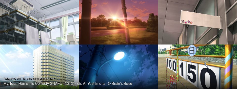 My Teen Romantic Comedy SNAFU background art — An empty classroom; A road at sunset; Side of a modern building; modern city building, daytime; Urban street at night; Outdoor dirt field