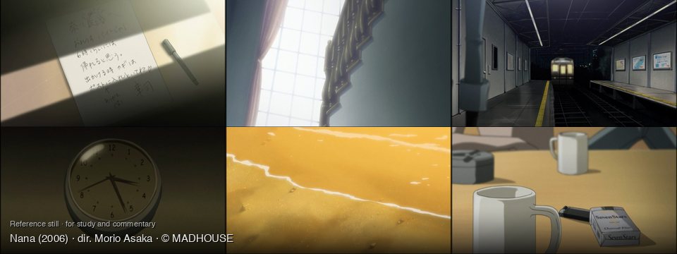 Nana background art — Indoors, on a desk; Indoors, by a window; Dark subway station at night; A dimly lit room; A sandy beach; On a light brown table