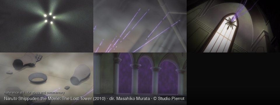 Naruto Shippuden the Movie: The Lost Tower background art — Dark, hazy, undefined space; Smoky, dark industrial area; Inside a dark, ornate building; on a light-colored floor; A grand hall