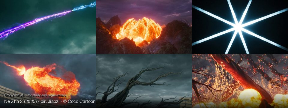 Ne Zha 2 background art — Dark, cloudy sky; Tropical mountains at dusk; Dark, abstract space; Above a wooden structure; Under a stormy sky; A destructive, fiery landscape