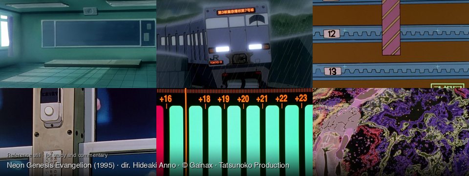 Neon Genesis Evangelion background art — An empty classroom; rainy urban train tracks; A brown wall with shelves; Inside a vehicle at night; on a digital screen; abstract, cosmic realm