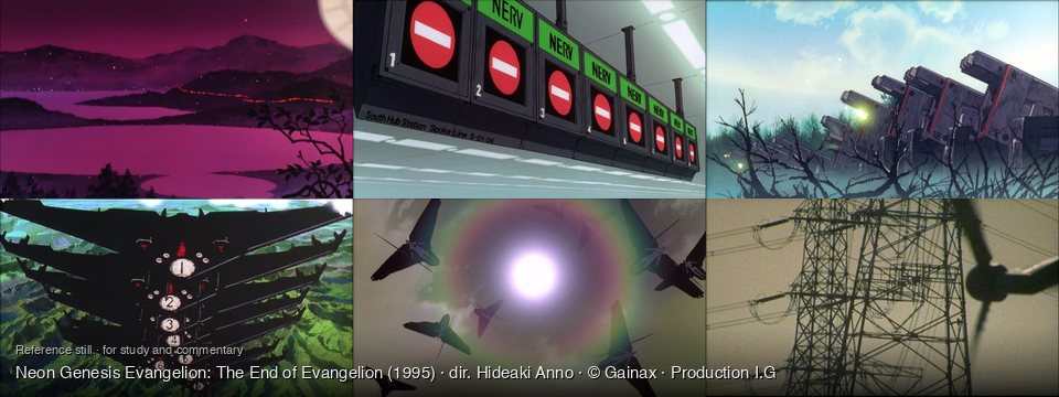 Neon Genesis Evangelion: The End of Evangelion background art — A purple landscape at night; South Hub Station, Spoke Line; Forest clearing, daytime; Above green, mountainous terrain; a bright, cloudy sky; Outdoors, near power lines