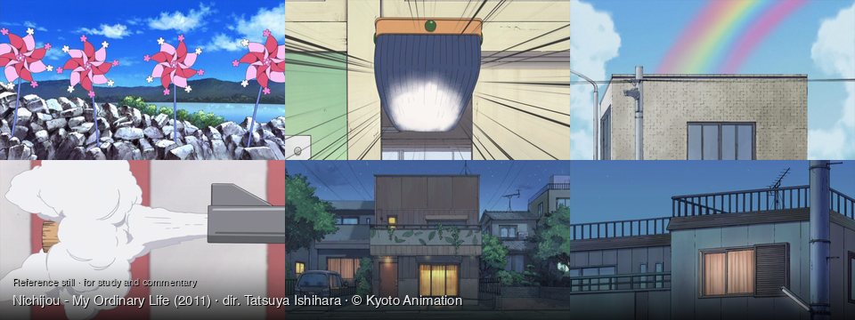 Nichijou - My Ordinary Life background art — Outdoors by a lake; Indoors, against a wall; Urban rooftop under a rainbow; Indoors, against a wall; Suburban street at dusk; Urban street at night