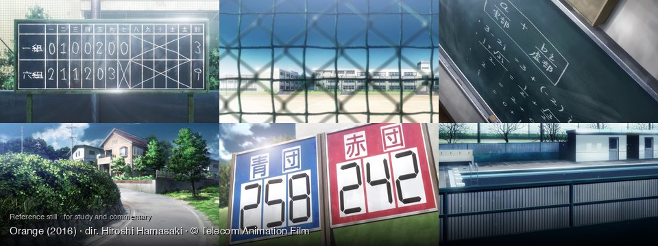 Orange background art — Outdoor baseball field; School grounds, daytime; Inside a classroom; A suburban street in Japan; Outdoor sports field; An empty outdoor swimming pool