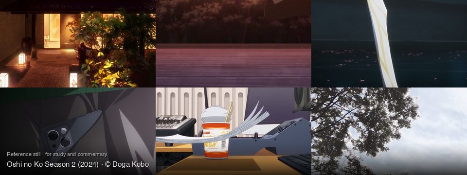 Oshi no Ko Season 2 background art — Traditional Japanese house at dusk; indoors, on a wooden floor; on a dark, reflective surface; Inside a dark pocket; Inside a recording studio; Under a tree, bright sky
