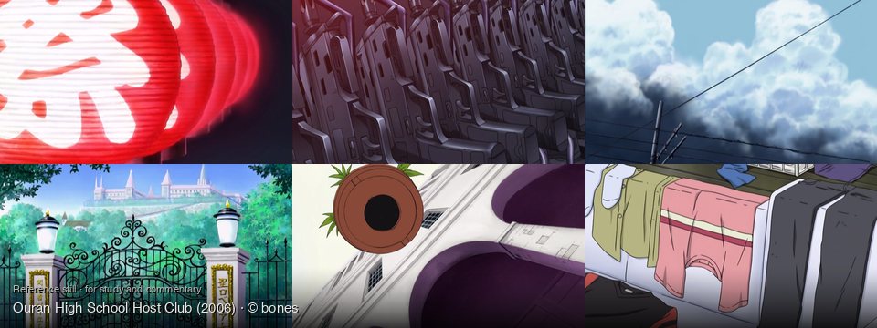 Ouran High School Host Club background art — Nighttime festival; Inside a military armory; Outdoors, under a cloudy sky; Outside a grand school; Above a white building; Indoors, laundry area