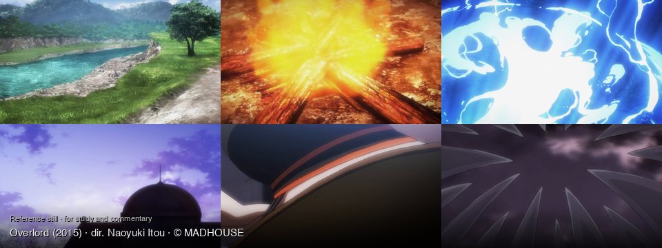 Overlord background art — A serene natural environment; Outdoors, at night; A dark, ethereal space; Against a purple sky; Indoors, close-up; Inside a monstrous mouth