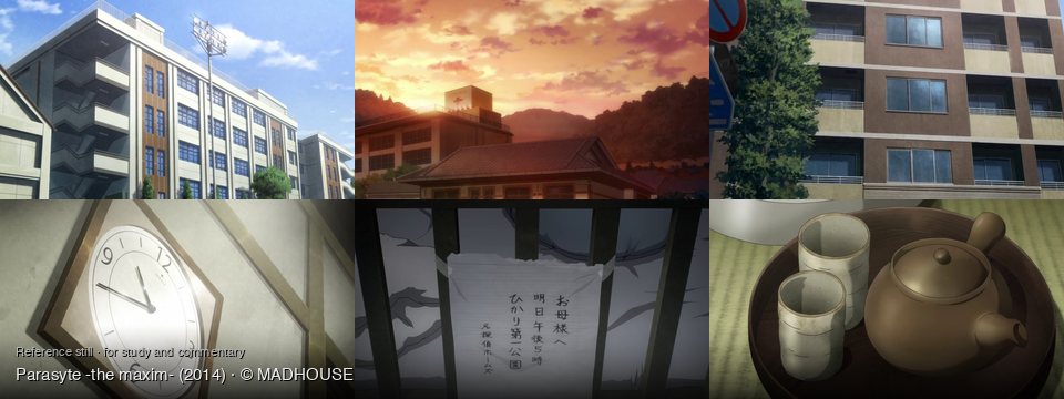 Parasyte -the maxim- background art — Outside a school building; rural town at sunset; Outside a multi-story building; Indoors, on a light wall; Indoors, on a wooden beam; on a woven mat