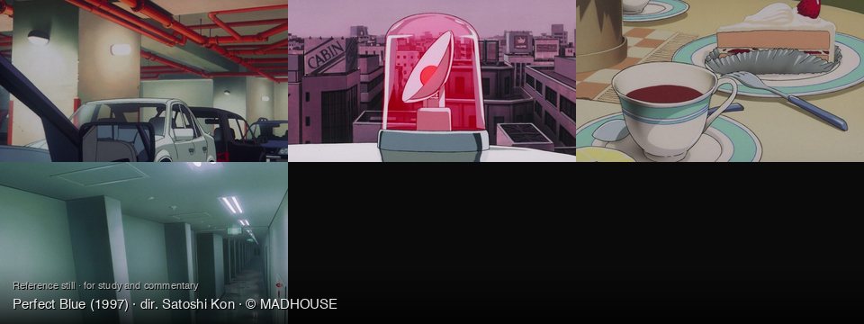 Perfect Blue background art — An underground parking garage; Urban rooftop at dusk; On a checkered placemat; A long, empty hallway